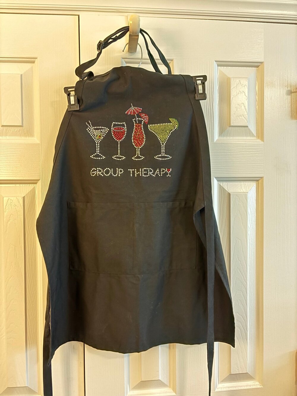 Black Apron with Rhinestone Cocktail Glasses and "Group Therapy" Text